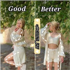 two pictures of a woman in short shorts and sweater with the words good better on them