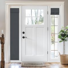 a white front door with two windows and a rug on the floor next to it