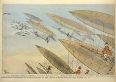 an old book with some people flying kites in the sky and one man is on top of another plane