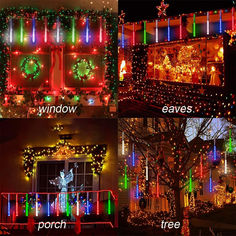 christmas lights and decorations are displayed in front of a house