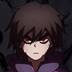 an anime character with blood on his face and red eyes, staring at the camera