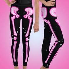 The perfect kids Halloween leggings don't exi- OH WAIT! Our Adorabones leggings are the perfect whimsical/spooky combo for all occasions! Dress up a costume or style these for a fashionable outfit that's simply to die for! Featuring heart and kawaii glitter accents, these leggings are also available in adult sizes in a separate listing! These leggings are stretchy and durable and can easily withstand the strain of sports like gymnastics and ice skating. These youth leggings are comfort personifi Halloween Stretch Emo Bottoms, Fitted Halloween Bottoms With Skull Print, Pink And Black Scene Outfit, Black Emo Fitted Leggings, Black Fitted Emo Leggings, Fitted Black Emo Leggings, Black Stretch Emo Leggings, Black Skull Print Leggings For Halloween, Fitted Skull Print Leggings For Halloween