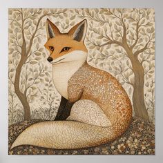 a painting of a fox sitting on the ground in front of some trees and leaves