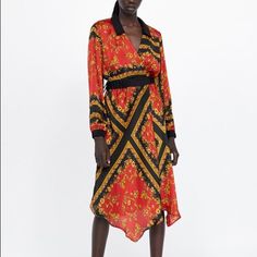 Flattering Crossover V Neckline With Long Sleeves. Elastic Cuffs And Waistline. Elegant Red Printed Midi Dress, Chic Red Printed Midi Dress, Chic Long Sleeve Dresses With Baroque Print, Chic Long Sleeve Baroque Print Dresses, Zara Chic Printed Midi Dress, Chic Zara Printed Midi Dress, Zara Printed Dress, V Neckline, Zara Dresses