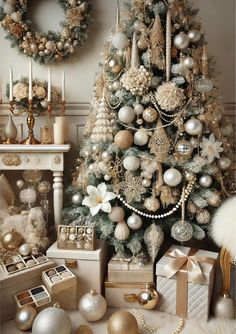 a christmas tree decorated with ornaments and wreaths in gold, silver and white colors