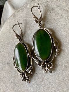 Beautiful Arts n Crafts Art Nouveau Sterling Silver Jade Vintage Antique Earrings See pictures next to ruler for scale See link below for matching ring Antique Green Jewelry With Polished Finish, Artisan Teardrop Jewelry For Formal Occasions, Traditional Polished Earrings As Gift, Traditional Polished Earrings For Gift, Unique Round Earrings With Polished Finish, Antique Oval Handmade Earrings, Artisan Dangle Jewelry For Formal Occasions, Handmade Oval Antique Earrings, Unique Cabochon Drop Earrings