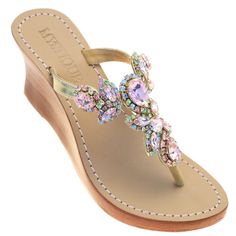 Our gorgeous Boca Raton style is also available in this stunning wedge option. A pop of pink never hurt anybody! This is for you if the color pink makes you happy. This sandal features a 3 inch wedge. split Hand-Made & Made to Order (2-3 weeks) 100% Leather Sole Lined with Suede For Added Comfort Embellished with Czech Crystals & Rhinestone Chain 3 Wedge Heights Available: 1.5 inches, 2.5 inches, 3 inches Use Our “Change A Wedge” Button To Select The Wedge Height Of Your Choice Changing Mystique Sandals, Coral Sandals, The Color Pink, Pink Wedges, Wooden Wedges, Crystal Sandals, Jeweled Sandals, Beaded Sandals, Rhinestone Chain