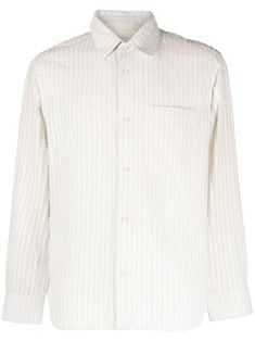 chalk white/beluga grey cotton vertical stripe embroidery pointed flat collar front button fastening long sleeves buttoned cuffs chest patch pocket curved hem Stripe Embroidery, Pointed Flat Collar, Craig Green, Flat Collar, Chalk White, Airport Fashion, Grey Cotton, Green Stripes, Patch Pocket