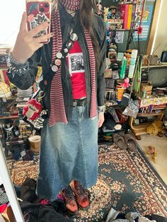 Long Colorful Skirt Outfit, Long Skirt Baggy Shirt, Whimsycore Outfits, Skirt Over Jeans Outfit, Twee Fashion, Layering Fits, Funky Outfits, Thrift Fashion, Fall Fits