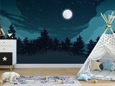 a child's room with a teepee tent and stars in the night sky