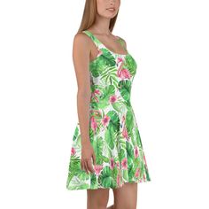 Dress to impress with this Flamingos in the Jungle sleeveless skater dress! The soft fabric and flared skirt give it an elegant twist that brings out the intricate design with a beautiful vibrancy. * 82% polyester, 18% spandex * Fabric weight: 6.78 oz/yd² (230 g/m weight may vary by 5% * Smooth and elastic fabric * Mid-thigh length flared skirt * Elastic waistline * Overlock seams, coverstitch hemline Fitted A-line Sleeveless Dress For Beach, Fitted A-line Sleeveless Dress For Vacation, Summer Party Dress With Flared Skirt, Floral Print Fit And Flare A-line Mini Dress, Fitted Flared Skirt Midi Dress For Summer, Summer Fit And Flare Dress With Flared Skirt, Summer Sleeveless Fit And Flare Dress With Floral Print, Summer A-line Fit And Flare Sundress, Flowy A-line Sleeveless Dress For Garden Party