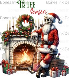 a santa clause is sitting in front of a fireplace