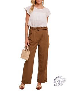 Belted high waist trouser pants - Zipper closure with button - Square buckle belt - Belt loops - Pockets - Finished with clean hem - Model is 5' 8" 30-24-35 and wearing a size Small Fabric: 65% rayon, 30% polyester, 5% spandex Spring High-waisted Pants With Belt Detail, High Waist Pants With Belt Detail For Summer, Trendy Paperbag Waist Bottoms For Work, Straight Pants With Belt Detail For Spring, Spring Trousers With Belt Detail, Casual High-waisted Bottoms With Belt Detail, Summer Workwear Pants With Belt Detail, Spring Straight Pants With Belt Detail, Casual Belted High-waisted Pants