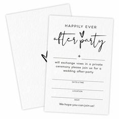 two white wedding cards with the words happily ever after party written on them and an arrow pointing