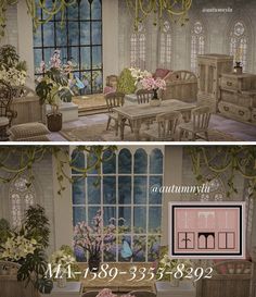 two pictures of a living room with furniture and flowers on the window sills