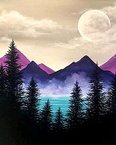 a painting of mountains and trees with the moon in the sky