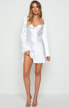 Night Out Dress Classy Beginning Boutique, White Party Dress Night Beginning Boutique, Hoco Dresses Long Sleeve White, Mid Length Dresses Classy Homecoming, Dangly Gold Earrings, Prom Midi Dress, Feminine Elegance, Summer Playsuit, White Long Sleeve Dress