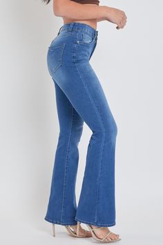 Retro is back and we’re all about it! Bring some flirt and flair to any look with our Women's Classic High Rise Flare Jean-Long Inseam. This fit features 2 additional inches in length for all of our tall babes to rock! These flares are made from smooth and soft denim so it fits and flatters your every curve. Pair them with a tank and sneakers for a casual vibe, or dress up with a cute crochet top and strappy heels! Product Details - High-Rise - 1-Button Closure with Zipper - 5 Pocket Constructio Stretch High Rise Medium Wash Flares, Trendy Fitted Distressed Flares, Fitted Wide Leg Flares With Frayed Hem, Fitted Distressed Flares For Spring, Distressed Fitted Flares For Spring, Fitted Full-length Medium Wash Flares, Fitted Mid-rise Flares With Frayed Hem, High Rise Medium Wash Fitted Flares, Fitted Flares With Frayed Hem