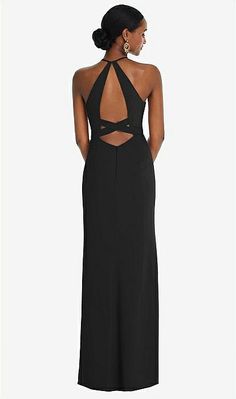 Halter Criss Cross Cutout Back Maxi Bridesmaid Dress In Black | The Dessy Group Criss Cross Top Dress, Halter Formal Dress Long, Fitted Halter Dress With Keyhole Back For Evening, Long Fitted Halter Dress With Tie Back, Elegant Maxi Dress With Tie And Closed Back, Party Maxi Dress With Tie And Closed Back, Elegant Backless Maxi Dress For Prom, Elegant Maxi Backless Dress For Prom Season, Keyhole Back Evening Dress For Prom Season