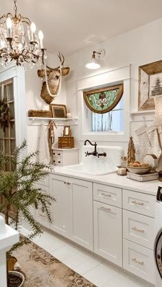 a kitchen filled with lots of white cabinets and counter top space next to a potted plant