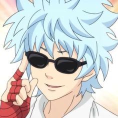 an anime character with blue hair and sunglasses pointing to his left side while wearing black glasses