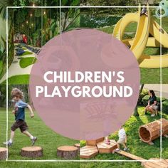 children's playground in the park surrounded by trees, logs and other things to play with