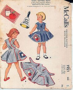 Cut and Complete. Envelope is tattered, torn, discolored and stained. Includes all 5 pattern pieces, blue transfers for milk and apples and ding dong bell stamped on red fabric. Girls Apron Dress. The envelopes may show signs of age and wear. Apron Dress Pattern Free Children, Childrens Apron Pattern Free Tutorials, Measurements For Childs Apron, Vintage Ice Cream Apron, Childrens Pinafore Apron Pattern, Sew Vintage Apron, Free Childrens Apron Sewing Patterns, Toddler Dresses Sewing Pattern, Vintage Sewing Patterns For Children