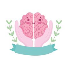 two hands holding a pink brain with leaves around it and a ribbon in the middle