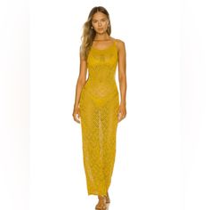 Savannah Morrow Jamaica Maxi Dress In Mango Fitted Beachwear Dresses, Fitted Beachwear Dresses For Daywear, Fitted Long Dresses For Beach Season, Long Fitted Beach Dress For Spring, Fitted Yellow Beach Cover-up Dress, Yellow Long Beach Cover-up Dress, Yellow Long Dress For Beach Cover-up, Jamaica Crochet, Savannah Morrow