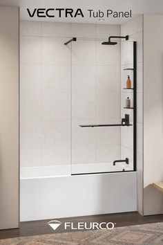 an image of a bathroom setting with the shower door open and shelves on the wall