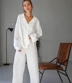 Solid Color Linen Loungewear Sets, Solid Linen Loungewear Sets, Solid Linen Long Sleeve Sets, White Linen Sets For Spring, Linen Sets For Spring Daywear, Spring Linen Daywear Sets, Linen Sets For Spring Pajama Party, Linen Sets For Pajama Party In Spring, Linen Sets For A Spring Pajama Party