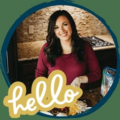 a woman standing in front of a plate with food on it and the words hello