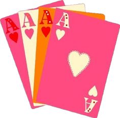 four playing cards with hearts and letters on the front, two are pink and one is orange