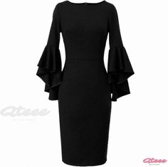 Qteee - Sophisticated Bodycon Dress with Seductive Mermaid Ruffle Sleeves and Figure-Hugging Fit Black Stretch Bodycon Dress With Ruffles, Elegant Black Slim Fit Bodycon Dress, Black Stretch Midi Dress With Ruffles, Fitted Black Bodycon Office Dress, Fitted Black Bodycon Dress For Office, Black Fitted Bodycon Dress For Office, Fitted Solid Midi Dress With Ruffles, Fitted Solid Color Midi Dress With Ruffles, Elegant Stretch Bodycon Dress With Ruffles