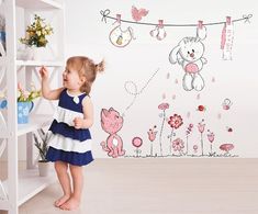 Rabbit Flower, Diy Nursery Decor, Pink Cartoon, Diy Wall Stickers, Cat Rabbit, Room Stickers, Flower Wall Stickers