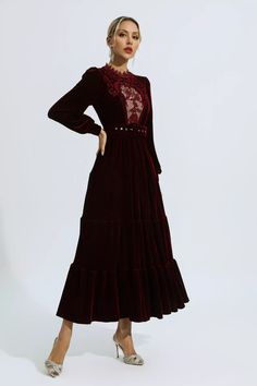 Embrace sophistication and make a lasting impression in the Selene Red Velvet Embroidered Maxi Dress. This exquisite gown features intricate cut-out embroidery and long sleeves, exuding a regal princess vibe. Crafted from luxurious red velvet, this fashionable dress is perfect for formal occasions.   Dress Length: Approx 132cm Materials: Polyester  Gentle Dry Clean Only  Model is 5 ft 7 and wears size S  Colour may vary due to lighting on images. The product images (without model) are closest to Long Sleeve Midi Dresses, Princess Vibe, Glitter Wedding Dress, Party Dress Women, Holiday Party Dress, Fashionable Dress, Exquisite Gowns, Bandage Midi Dress, Boots Western