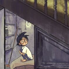 a drawing of a boy standing at the bottom of stairs looking into an open door