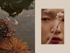 a woman with flowers in her hair next to a pond filled with koi fish