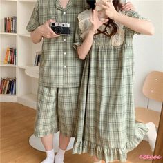 Qteee - Womens Lace Plaid Summer Pajama Set for Couples Comfortable Green Sets For Pajama Party, Matching Green Sleepwear For Loungewear, Casual Green Sets For Pajama Party, Green Matching Sleepwear For Loungewear, Comfortable Green Sleepwear For Home, Green Matching Sleepwear, Casual Green Pajama Party Sets, Green Matching Lounge Sleepwear, Casual Green Sleep Sets