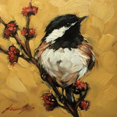 a painting of a bird on a branch with red flowers