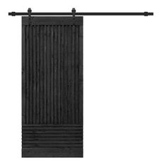 an open sliding door with wooden slats on the bottom and black metal bars above it