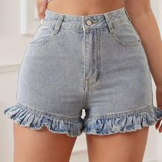 Ruffled Hem Shorts. Light Blue. High Waisted Denim Shorts, High Waisted Shorts Denim, High Waisted Denim, Ruffle Hem, Denim Shorts, Color Blue, Light Blue, High Waisted, Womens Shorts