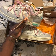 Grey, White, And Pink. Designer White Sneakers For Spring, Offwhite Dunks, Off White Dunks, White Dunks, Colorful Sneakers, Off White Shoes, Swag Shoes, Pink Shoes, White Outfits