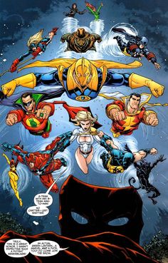 an image of a comic book page with many different characters in the air and on top of