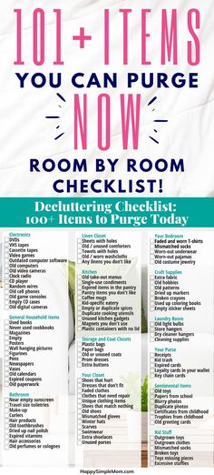 a poster with the words 101 items you can purige now room by room checklist