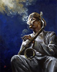 a painting of a man playing a trumpet