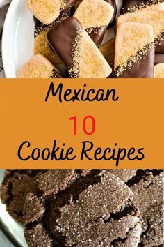 mexican cookies with chocolate and sprinkles are on a white plate in front of an orange banner