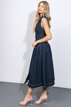 Denim Midi Dress, Flying Tomato, Belt Tying, Dark Indigo, Drop Waist, Fashion Sewing, Tie Belt, Lapel Collar, Denim Dress