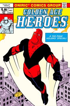 an old comic book cover with a deadpool in the air and buildings behind it