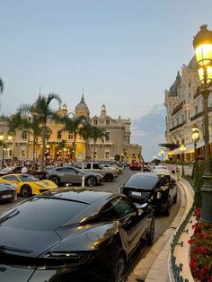 cars parked on the side of a street next to tall buildings and palm trees in front of them